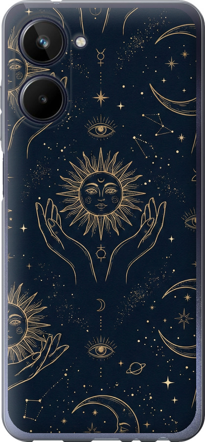 Celestial Harmony: Sun & Moon Gold Mystic Pattern