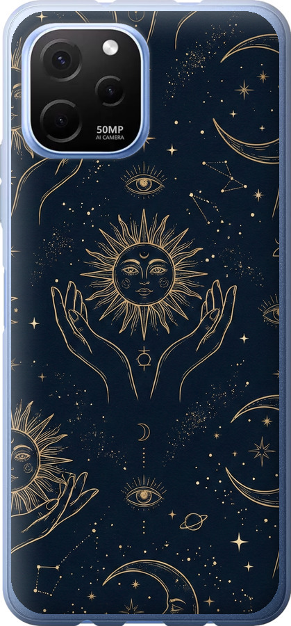Celestial Harmony: Sun & Moon Gold Mystic Pattern